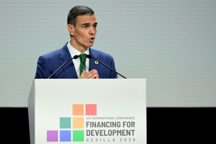 Le premier ministre espagnol Pedro Sanchez à la clôture de la conférence le 3 juillet 2025 à Séville. ( AFP / CRISTINA QUICLER )