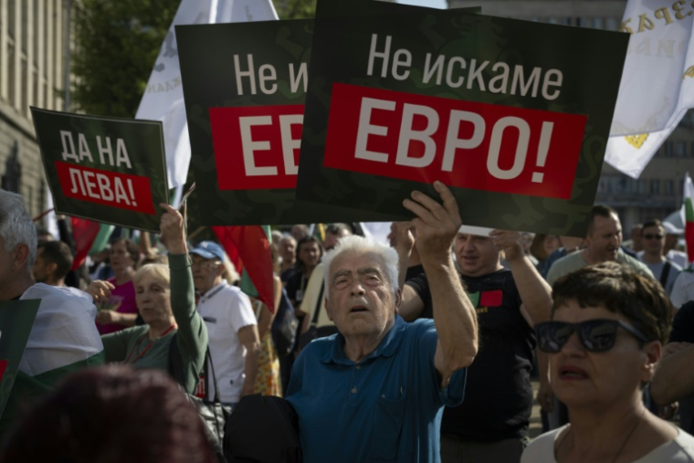 Des manifestants brandissent des pancartes "Nous ne voulons pas de l'euro", à Sofia, le 4 juin 2025 ( AFP / Nikolay DOYCHINOV )