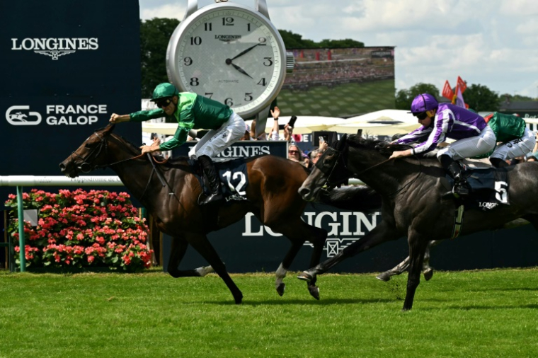 Le Belge Christophe Soumillon, sur la pouliche française de trois ans Gezora, remporte le Prix de Diane, le 15 juin 2025 à Chantilly, dans l'Oise ( AFP / Hugo MATHY )