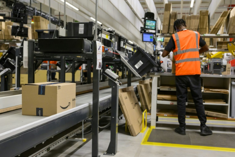 Un employé d'Amazon prépare une commande au centre de distribution d'Augny, près de Metz, le 29 août 2024 ( AFP / JEAN-CHRISTOPHE VERHAEGEN )