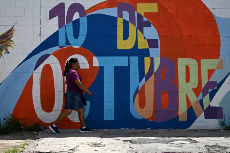 Une femme passe devant une fresque murale dans le quartier du 10 de Octubre à San Marcos, au Salvador, le 14 juin 2025 ( AFP / Marvin RECINOS )