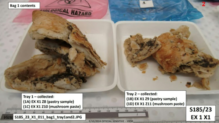 Photo non datée diffusée par la Cour suprême de Victoria, le 7 juillet 2025, d'assiettes contenant des échantillons d'un repas de bœuf Wellington mélangé à des champignons toxiques préparé par l'Australienne Erin Patterson, lors d'une analyse toxicologique à l'Institut victorien de médecine légale ( Cour suprême de Victoria / Handout )