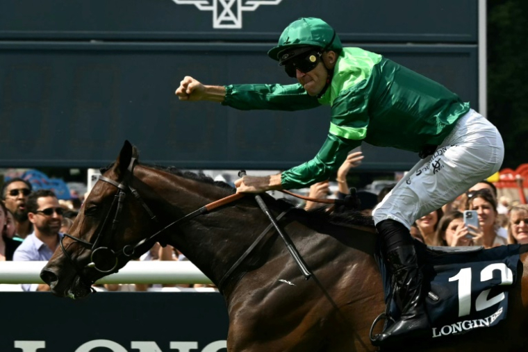 Le Belge Christophe Soumillon, sur la pouliche française de trois ans Gezora, remporte le Prix de Diane, le 15 juin 2025 à Chantilly, dans l'Oise ( AFP / Hugo MATHY )