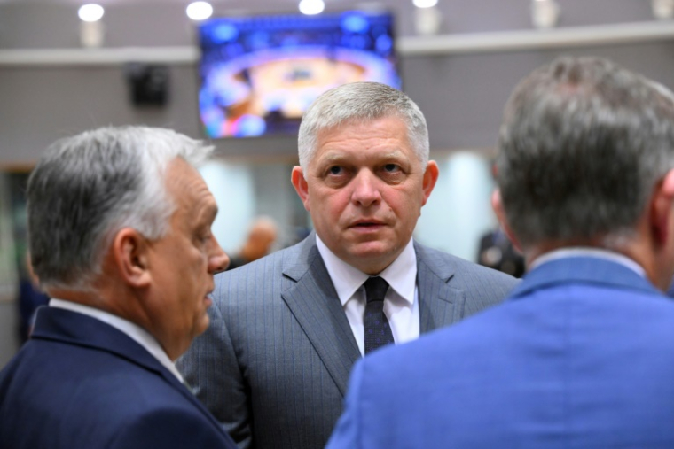 Le Premier ministre slovaque Robert Fico avec son homologue hongrois Viktor Orban, lors d'un sommet européen à Bruxelles le 26 juin 2025 ( AFP / JOHN THYS )