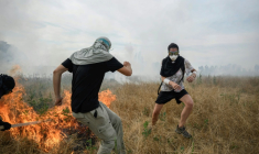 Des manifestants éteignent un feu déclenché par une grenade lacrymogène tirée par la police lors d'un rassemblement contre le projet d'autoroute A69, à Morens-Scopont, dans le sud de la France, le 5 juillet 2025 ( AFP / Ed JONES )