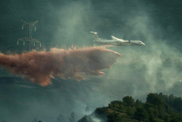 Un avion de lutte contre les incendies largue des produits ignifuges sur des arbres lors d'un incendie de forêt près de Fontcouverte, dans l'Aude, le 5 juillet 2025 ( AFP / IDRISS BIGOU-GILLES )