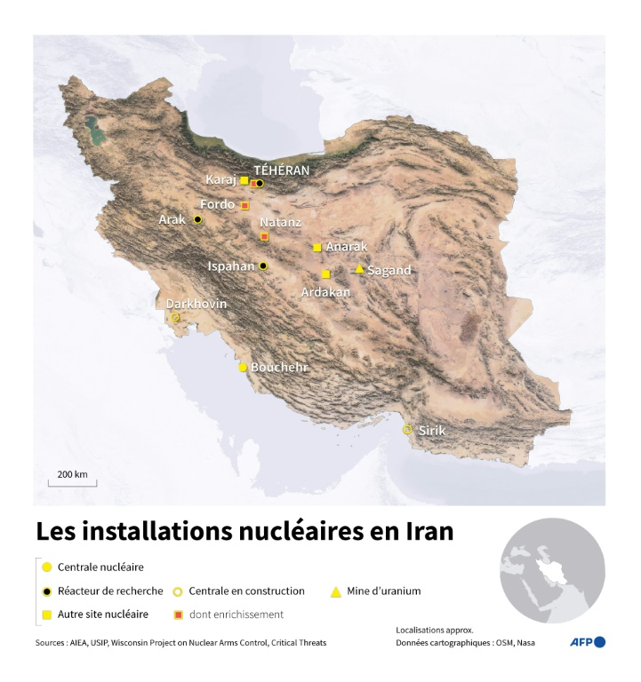 Carte de l'Iran montrant les sites nucléaires, réacteurs et mines d'uranium ( AFP / Sylvie HUSSON )