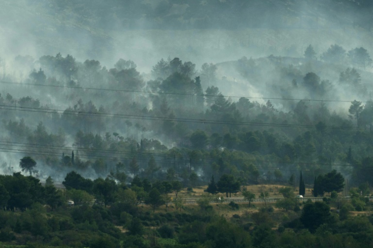 Une épaisse fumée s'élève à proximité de l'autoroute A6 lors d'un incendie de forêt près de Moux, dans le sud-ouest de la France, le 5 juillet 2025 ( AFP / IDRISS BIGOU-GILLES )