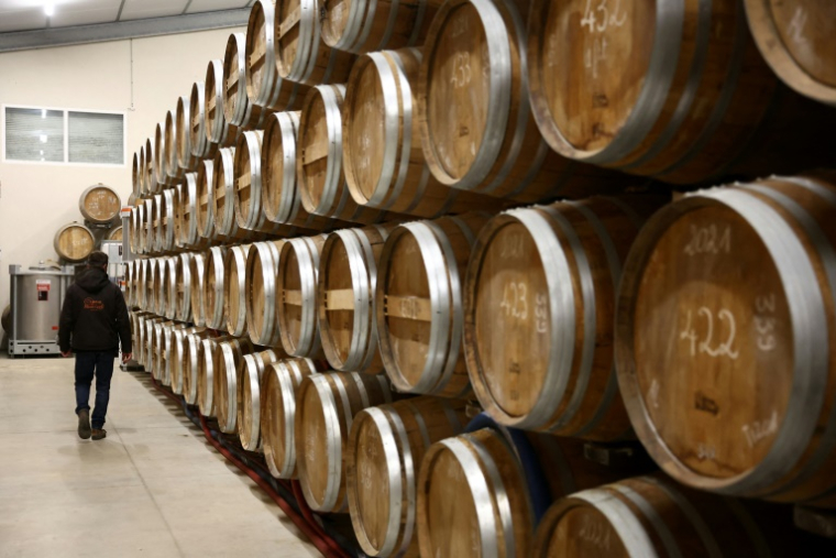 Des fûts de cognac dans une cave à Jarnac-Champagne, le 20 mars 2025 ( AFP / ROMAIN PERROCHEAU )