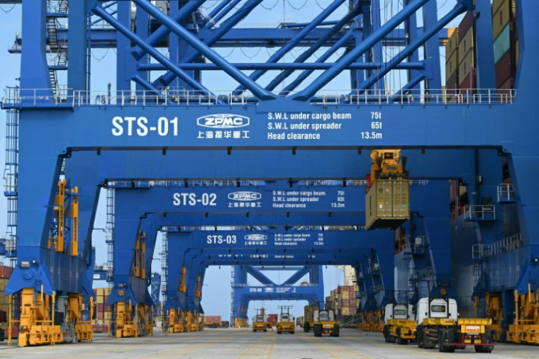 Des conteneurs sont déchargés à l'aide de grues au port maritime international de Vizhinjam, à Thiruvananthapuram, le 9 juin 2025 en Inde ( AFP / Indranil MUKHERJEE )