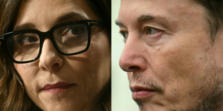 Linda Yaccarino, ancienne PDG de X, à Washington, le 31 janvier 2024, et Elon Musk, à Washington, le 21 mai 2025 ( AFP / Brendan SMIALOWSKI )