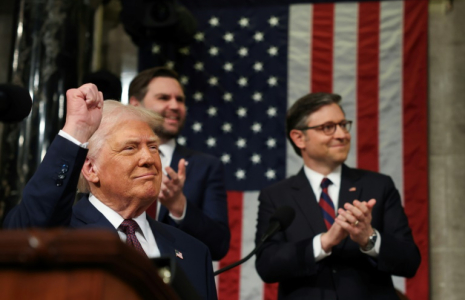 Le président de la Chambre des représentants Mike Johnson, le vice-président JD Vance et le président américain Donald Trump au Congrès à Washington, le 4 mars 2025 ( POOL / Win McNamee )