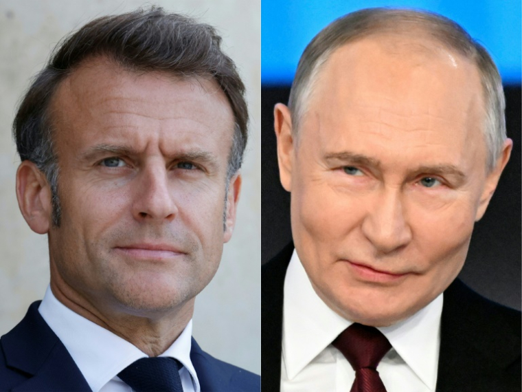 Emmanuel Macron (g) et Vladimir Poutine, sur un combo d'images diffusé le 1er juillet 2025 ( AFP / Ludovic MARIN )