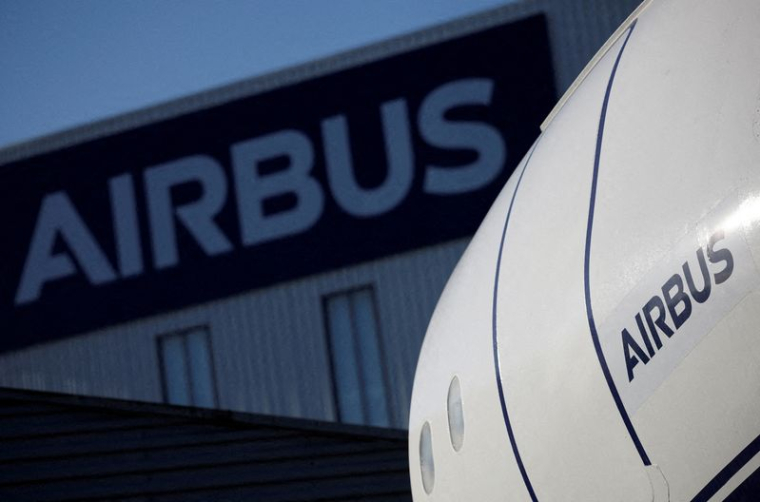 FILE PHOTO: Airbus logo at the Airbus facility in Saint-Nazaire, France