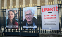 Les portraits de Cécile Kohler et Jacques Paris devant l'Assemblée nationale à Paris, le 25 mars 2025 ( AFP / Bertrand GUAY )
