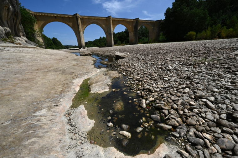 Le Gardon asséché à Saint-Anastasie, le 20 jui 2022. ( AFP / PASCAL GUYOT )