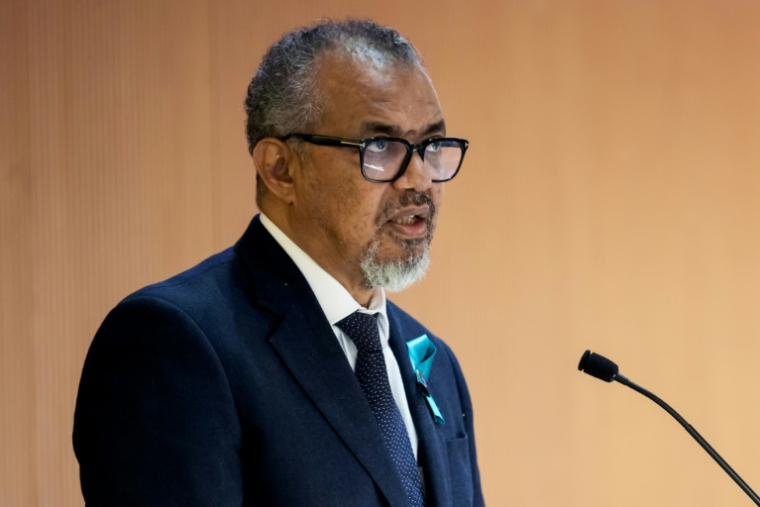 Le chef de l'Organisation mondiale de la santé Tedros Adhanom Ghebreyesus, le 19 mai 2025 à Genève ( AFP / Fabrice COFFRINI )