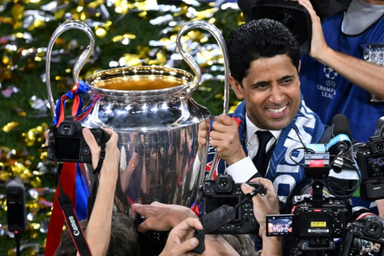 Nasser Al-Khelaïfi, patron du Paris SG et de BeIN, après la victoire parisienne en Ligue des Champions, le 31 mai 2025 à Munich ( AFP / Kirill KUDRYAVTSEV )