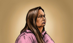 Croquis diffusé par la Cour suprême de Victoria, le 29 avril 2025, montrant l'Australienne Erin Patterson, accusée d'avoir tué trois personnes en leur servant un bœuf Wellington agrémenté de champignons vénéneux ( Cour suprême de Victoria / Paul Tyquin )