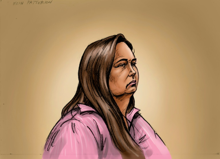 Croquis diffusé par la Cour suprême de Victoria, le 29 avril 2025, montrant l'Australienne Erin Patterson, accusée d'avoir tué trois personnes en leur servant un bœuf Wellington agrémenté de champignons vénéneux ( Cour suprême de Victoria / Paul Tyquin )