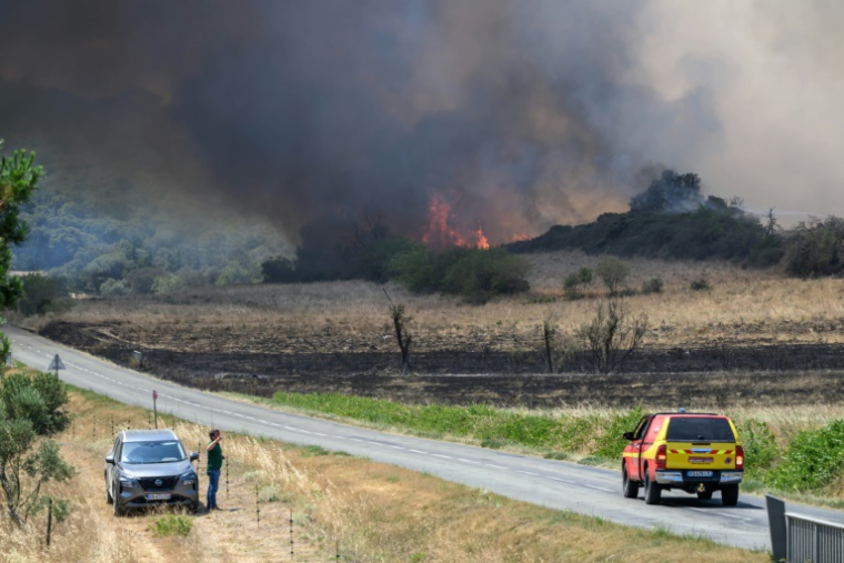 Les sapeurs-pompiers luttent contre un incendie à Bizanet, dans l'Aude, le 30 juin 2025 ( AFP / Ed JONES )