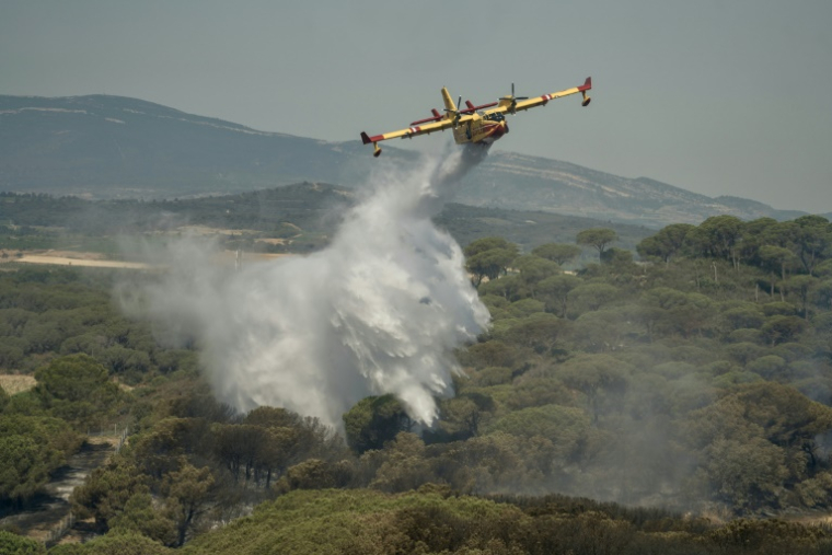 Un Canadair CL-415 largue de l'eau près de Bizanet, dans l'Aude, le 30 juin 2025 ( AFP / IDRISS BIGOU-GILLES )